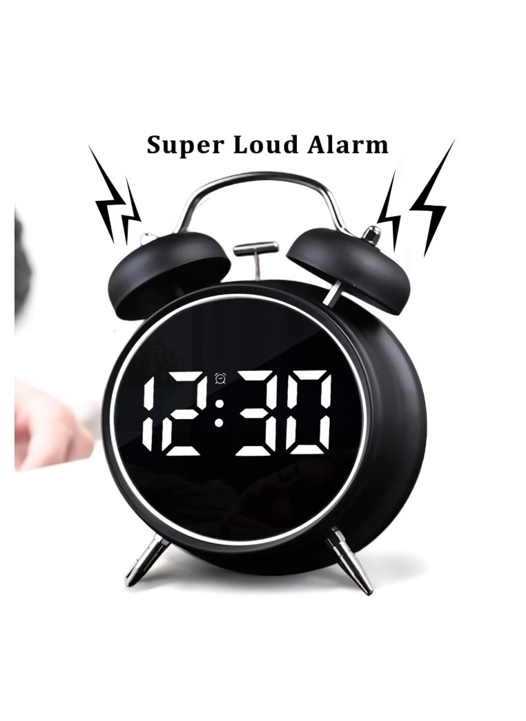 Generic - Twin Bell Alarm Clock, LED Display Digital Clock with Night Light, USB RechargeableBattery Operated Loud Bell Metal Alarm Clock for Office Bedroom Black - Image 1