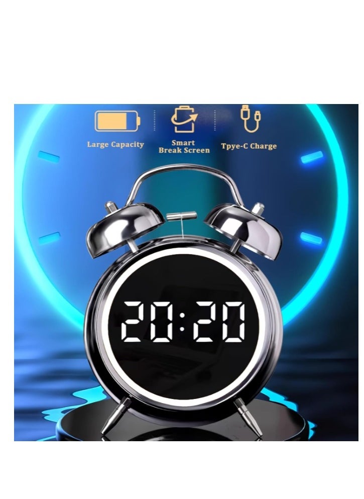 Generic - Twin Bell Alarm Clock, LED Display Digital Clock with Night Light, USB RechargeableBattery Operated Loud Bell Metal Alarm Clock for Office Bedroom Black - Image 1