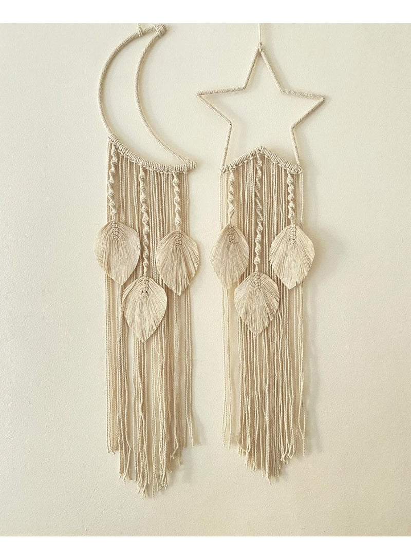 انتيكيانو صائدة الاحلام بتصميم بوهو مضيئة على شكل نجمة وقمر من دريم كاتشر للبالغين صائد لتزيين غرفة الاطفال وديكور المنزل هدايا للنساء والفتيات قطعتين، قطن