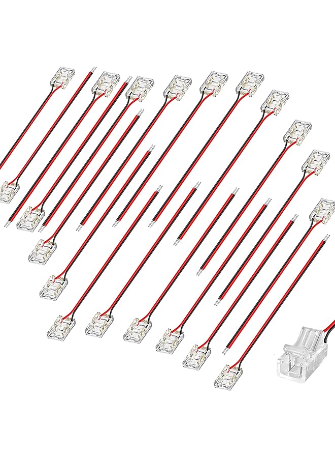 موصلات شريط LED COB 10 مم 2 دبوس 20 عبوة، موصلات شريط إلى سلك بدون لحام + كابل 10 سم - اتصال بدون فجوات لشريط LED COB أحادي اللون 10 مم