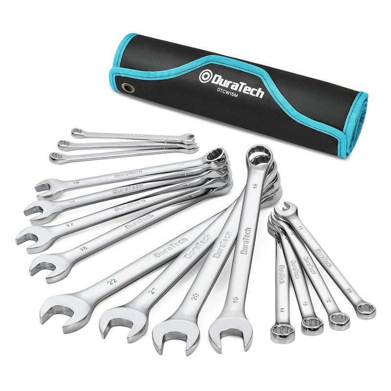 DURATECH Combination Wrench Set Metric 15Piece 8 9 10 11 12 13 14 15 16 17 18 19 20 21 22mm 12Point CRV Steel with Rolling Pouch
