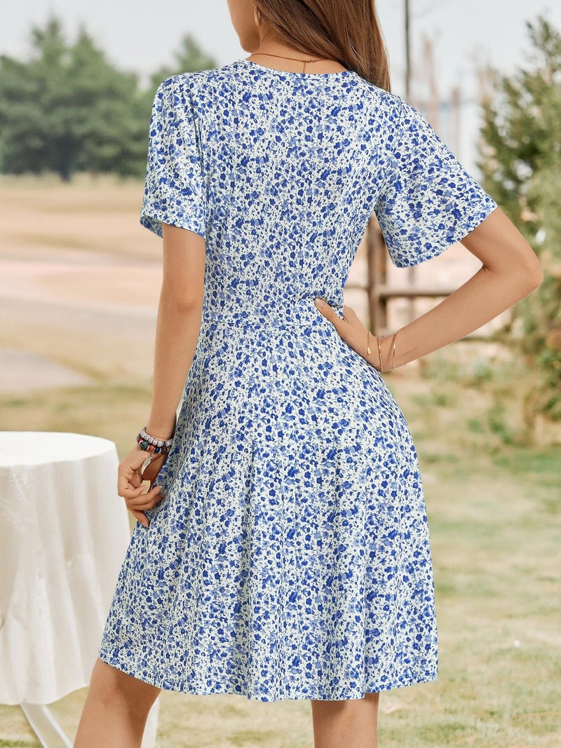FENSACE Womens Summer Outfits V Neck Petite Country Concert Cottagecore White Brunch Dress(White Blue Floral-63,Small) - Image 5