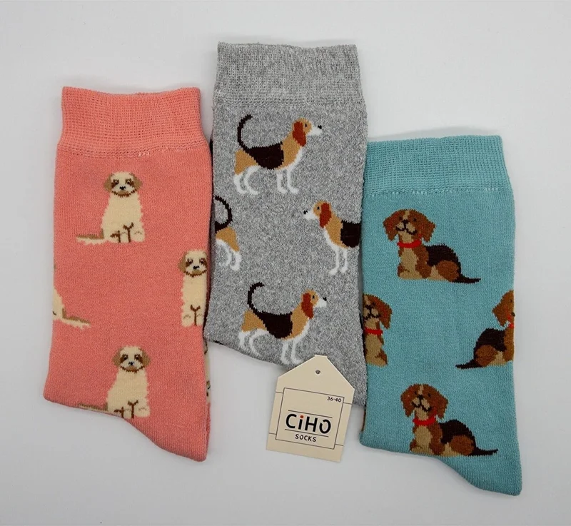 سيهو سوكس Daily 3 Pairs Women's Full Towel Soft Fun Dog Patterns Winter Socket Socks