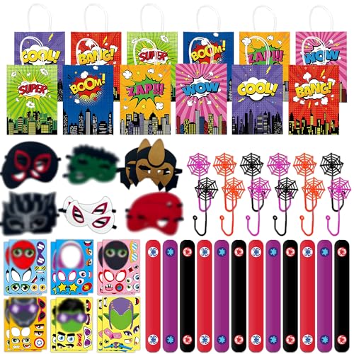 Time4Relax 60Pcs Superhero Party Favor for Kids Birthdays Gifts for BoysGirls and Amazing Friends Action Hero Supplies Spider Decorations Includes Masks Slap Bracelets Bags Stickers Sticky Web - Image 1