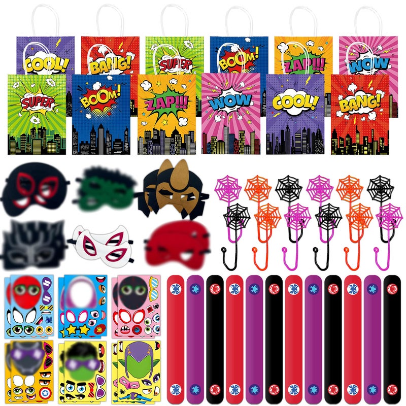Time4Relax 60Pcs Superhero Party Favor for Kids Birthdays Gifts for BoysGirls and Amazing Friends Action Hero Supplies Spider Decorations Includes Masks Slap Bracelets Bags Stickers Sticky Web - Image 2