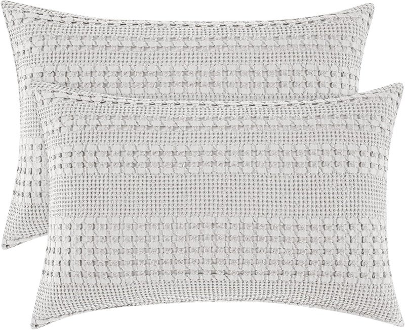 PHF 100% Cotton Waffle Pillow Shams King Size, 2 Pack 20" x 36" Soft Skin-Friendly Pillowcases, No Filling, Aesthetic Woven and Breathable Waffle Weave Pillow Case Covers for Bed, Light Grey - Image 1