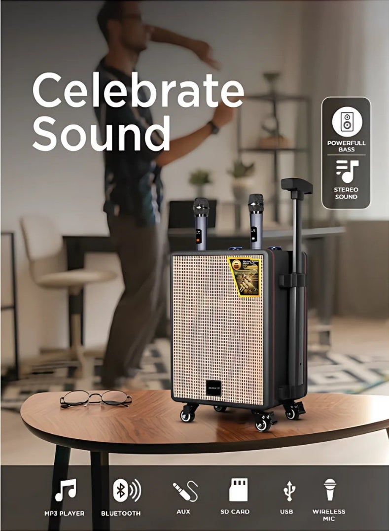 iSONIC مكبر صوت محمول بلوتوث IS482 مع خرج 25,000 PMPO، أضواء حفلات LED، ميكروفونين لاسلكيين وجهاز تحكم عن بعد - مكبر صوت حفلات عالي الطاقة قابل لإعادة الشحن للترفيه الداخلي والخارجي - Image 2