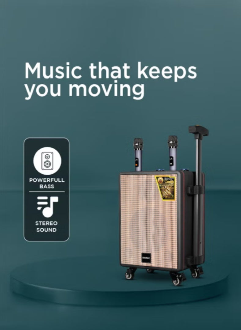 iSONIC مكبر صوت محمول بلوتوث IS482 مع خرج 25,000 PMPO، أضواء حفلات LED، ميكروفونين لاسلكيين وجهاز تحكم عن بعد - مكبر صوت حفلات عالي الطاقة قابل لإعادة الشحن للترفيه الداخلي والخارجي - Image 3