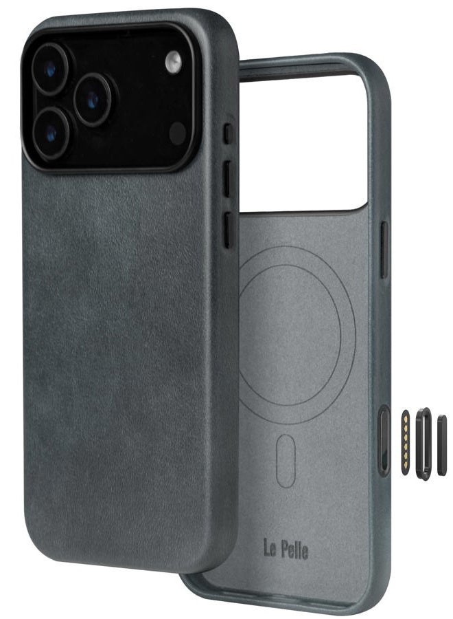 Le Pelle Handcrafted Premium Italian Leather Case for iPhone 17 Pro - [Built-in Camera Control] - Compatible with Magsafe - Two-Tone Effect with Unique Patina Over Time - Mist Blue - Image 1