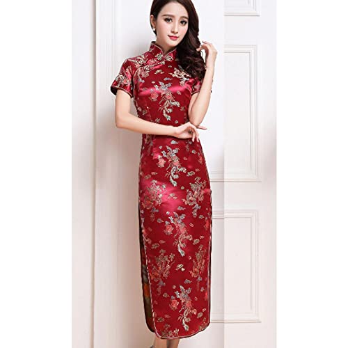 STIOEDYUAN Women Cheongsam Long Dress Evening Short Sleeve Slim Fit Maxi Dress Floral Faux Silk Stand Collar Bodycon Qipao (US, Alpha, X-Small, Wine Red) - Image 3