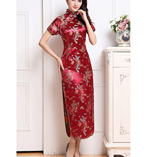 STIOEDYUAN Women Cheongsam Long Dress Evening Short Sleeve Slim Fit Maxi Dress Floral Faux Silk Stand Collar Bodycon Qipao (US, Alpha, X-Small, Wine Red) - Image 2