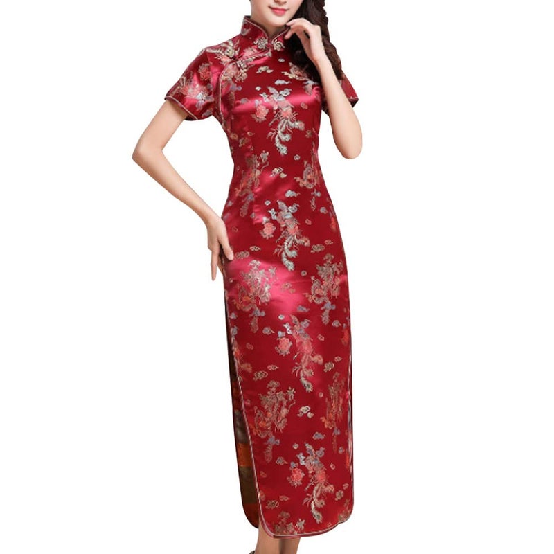 STIOEDYUAN Women Cheongsam Long Dress Evening Short Sleeve Slim Fit Maxi Dress Floral Faux Silk Stand Collar Bodycon Qipao (US, Alpha, X-Small, Wine Red) - Image 4