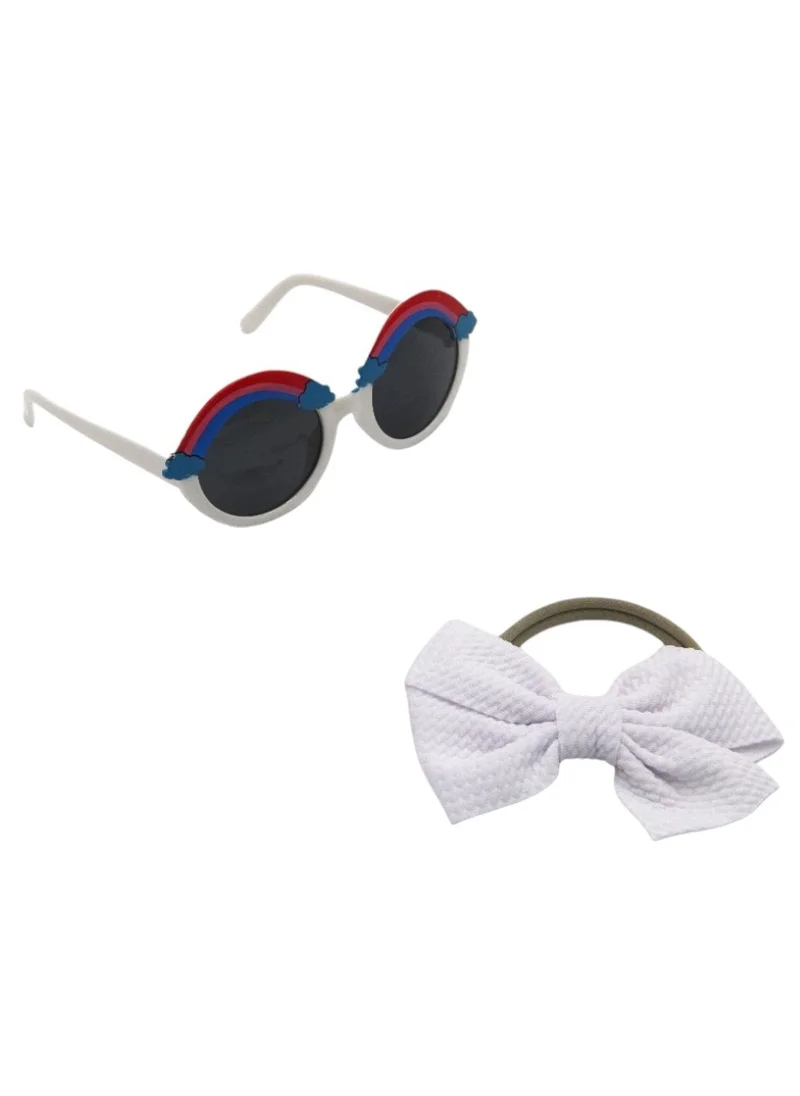 دىدانيالا Anaya Rainbow Glasses and Bow Barrette Ponytail Set For Babies and Girls - White