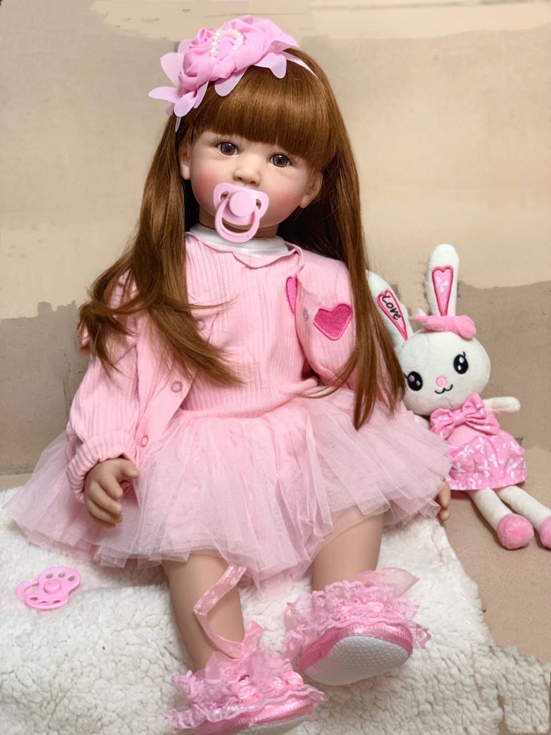 iCradle Angelbaby Doll 24 inch Adorable Reborn Toddler Girl with Long Hair That Looks Real Reborn Silicone Baby Dolls Cuddle Toys for Children Doll Sets (Pink Dress) - Image 1