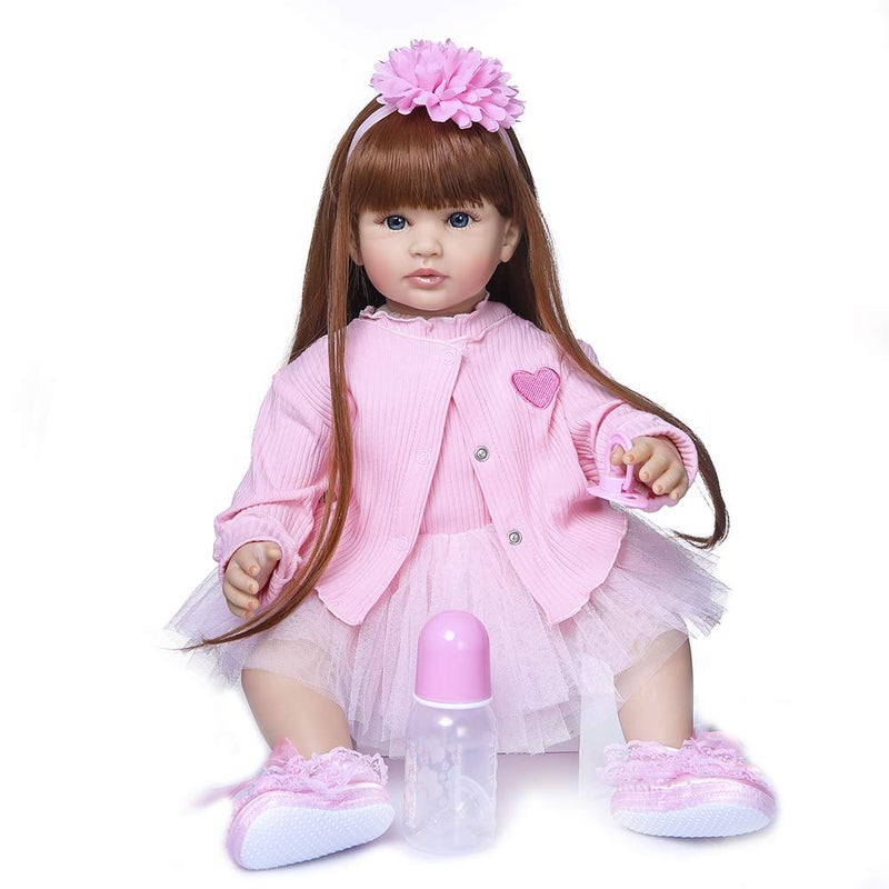 iCradle Angelbaby Doll 24 inch Adorable Reborn Toddler Girl with Long Hair That Looks Real Reborn Silicone Baby Dolls Cuddle Toys for Children Doll Sets (Pink Dress) - Image 5