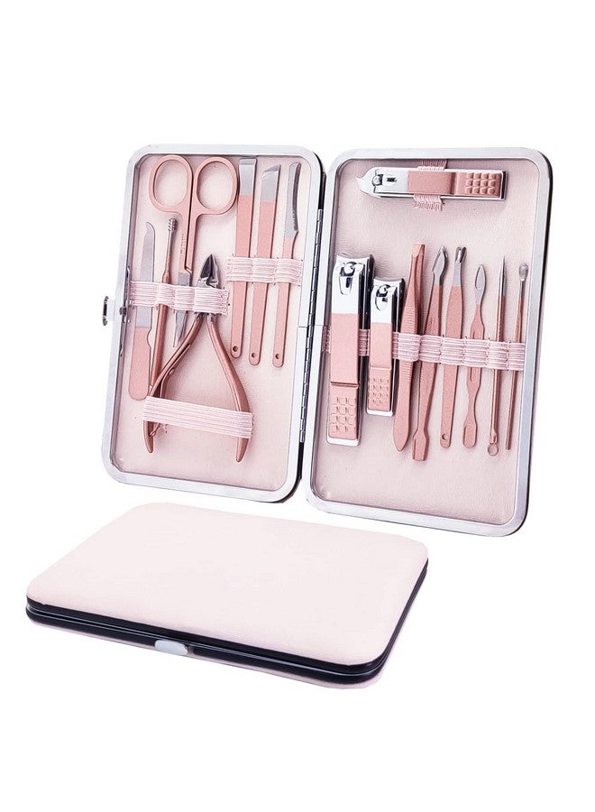 مجموعة مانيكير احترافية لقص الأظافر، أدوات العناية بالباديكير، مجموعة العناية النسائية الاحترافية، مصنوعة من الفولاذ المقاوم للصدأ الفاخر مع حقيبة سفر وردية، مجموعة 16 قطعة هدية رائعة (ذهبي وردي) - Image 1