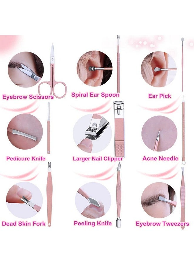 مجموعة مانيكير احترافية لقص الأظافر، أدوات العناية بالباديكير، مجموعة العناية النسائية الاحترافية، مصنوعة من الفولاذ المقاوم للصدأ الفاخر مع حقيبة سفر وردية، مجموعة 16 قطعة هدية رائعة (ذهبي وردي) - Image 3