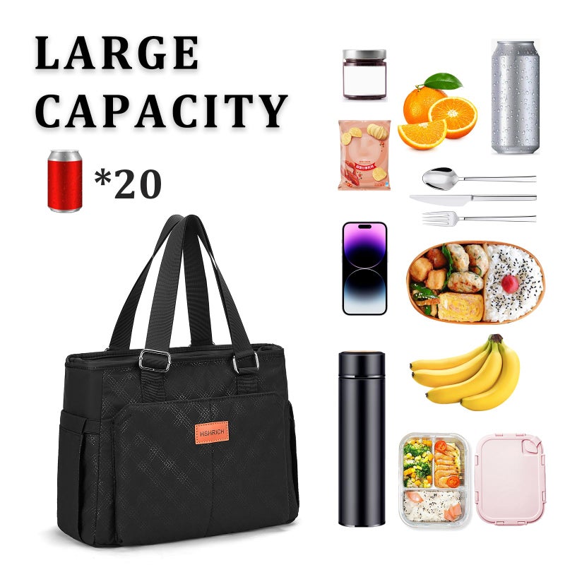 HSHRICH Large Women Lunch Bags for Work/Insulated Cooler Lunch Box with Side Pockets, 14L Capacity, Black - Image 3