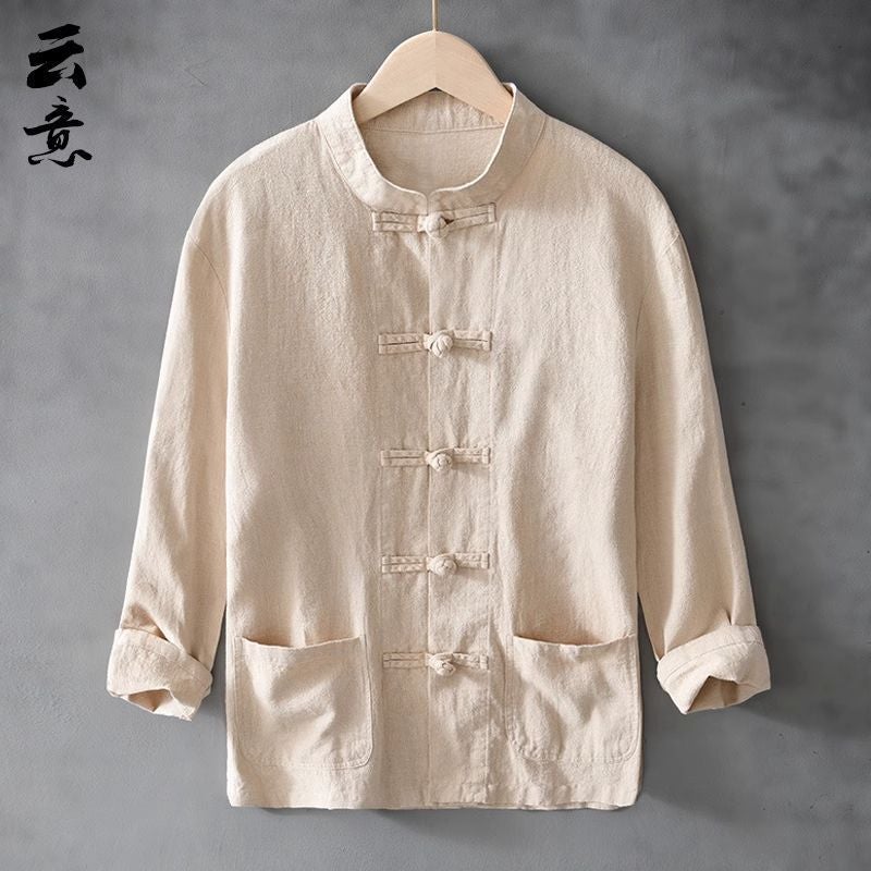 Chinese Style Hemp Mens Tang Suit Retro Casual Linen Jacket Khaki - Image 1