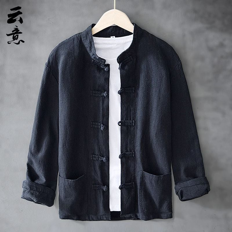 Chinese Style Hemp Mens Tang Suit Retro Casual Linen Jacket Khaki - Image 2
