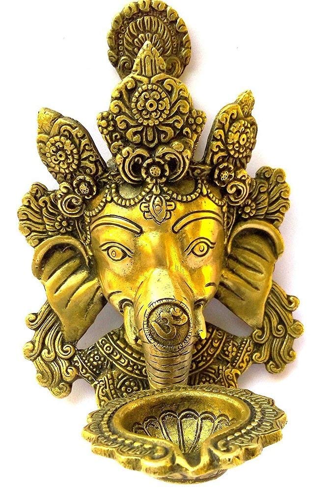 ARTVARKO ARTVARKO Brass Ganesh Ganesha Diya On Trunk Wall Hanging Designer Deepak Deepam for Marriage Office Showpiece Gold Standard 1 Pcs