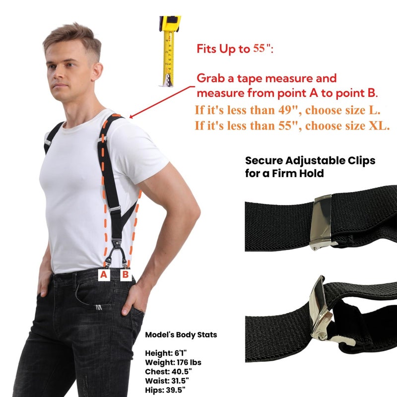 LazarsSpace Men's Side Clip Suspenders - Extra Long, Dual Clips, Perfect for Big & Tall 1.38 Inch Wide Strap- Secure Fit, Ultimate Comfort, and Belly Relief, Black - Image 2