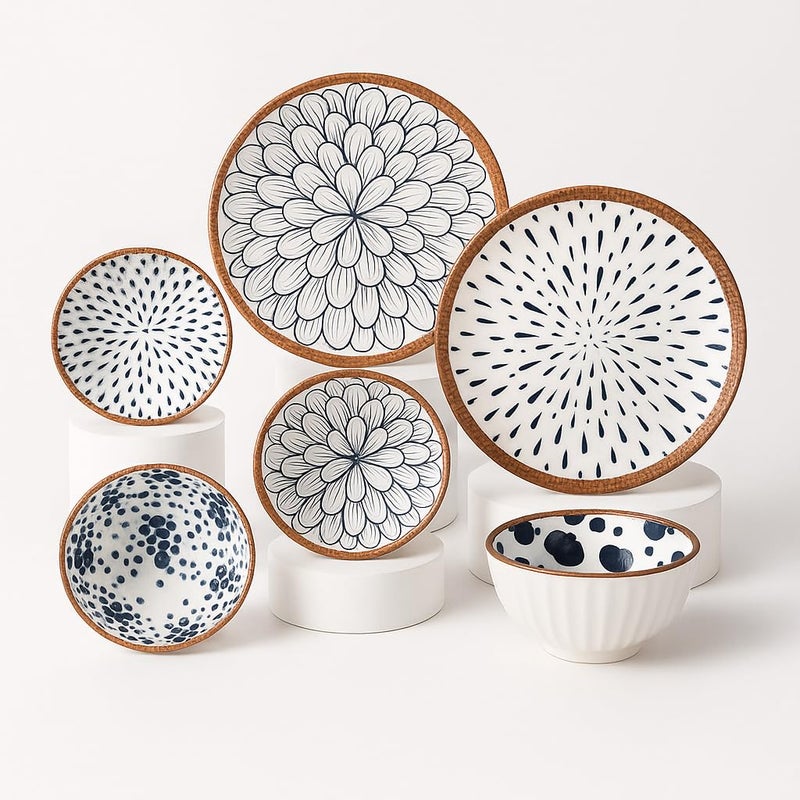 YOMITH Japanese Style Ceramic Bowl & Plate Set - Hand-Painted Porcelain Dinnerware, 2 Plate & 4 Bowls, Floral & Abstract Designs, Microwave & Dishwasher Safe (Set of 6) - Image 1