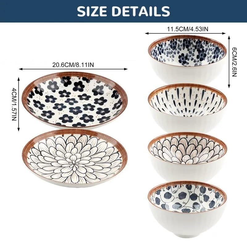 YOMITH Japanese Style Ceramic Bowl & Plate Set - Hand-Painted Porcelain Dinnerware, 2 Plate & 4 Bowls, Floral & Abstract Designs, Microwave & Dishwasher Safe (Set of 6) - Image 3