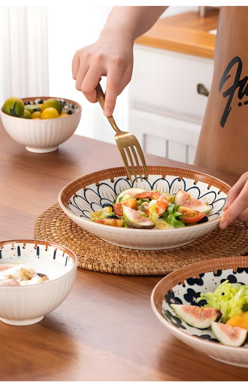 YOMITH Japanese Style Ceramic Bowl & Plate Set - Hand-Painted Porcelain Dinnerware, 2 Plate & 4 Bowls, Floral & Abstract Designs, Microwave & Dishwasher Safe (Set of 6) - Image 5