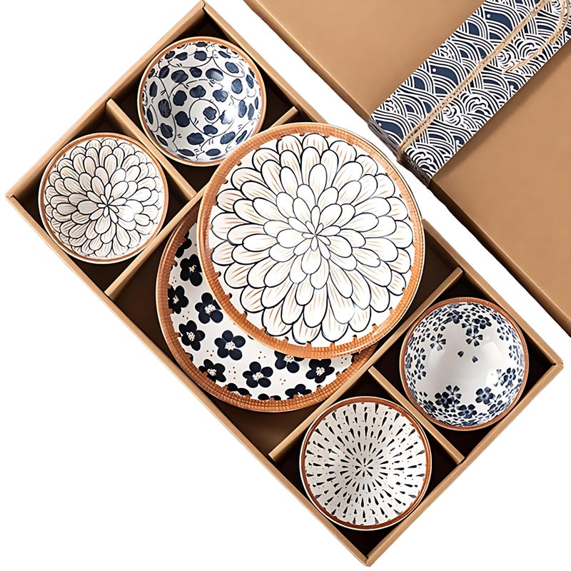 YOMITH Japanese Style Ceramic Bowl & Plate Set - Hand-Painted Porcelain Dinnerware, 2 Plate & 4 Bowls, Floral & Abstract Designs, Microwave & Dishwasher Safe (Set of 6) - Image 2