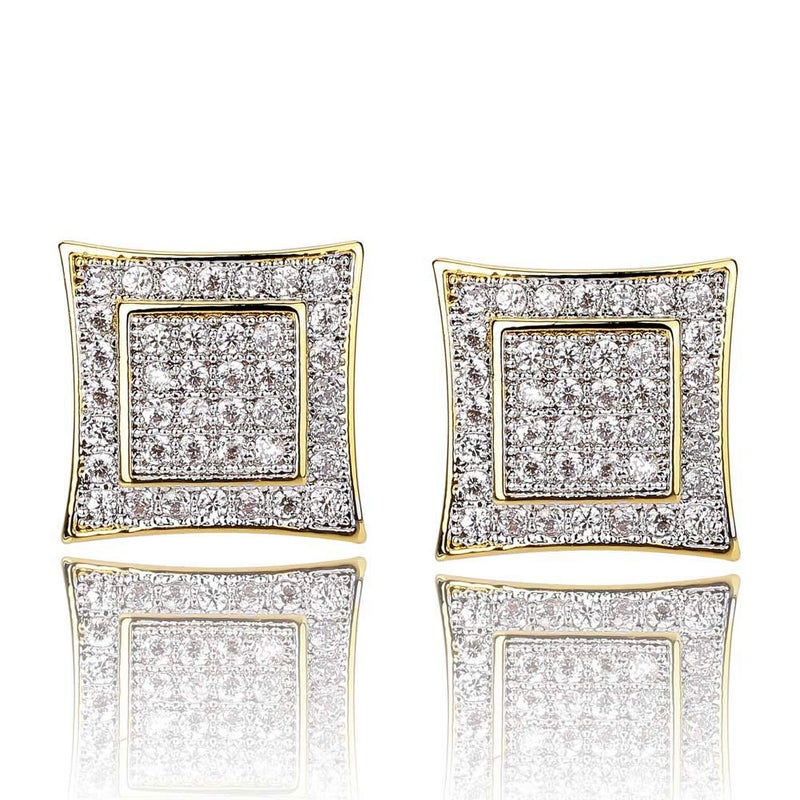 TOPGRILLZ 925 Sterling Silver Iced out Men and Women 14k Gold Square Kite Screw Back Hypoallergenic Stud Earrings with Simulated Diamond (Gold) - Image 1