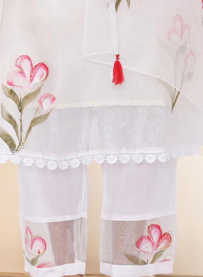 ISHIN Women's Off White Rayon Embroidered Tunic Full Length Palazzo Straight Fit Kurta Set  - Image 5