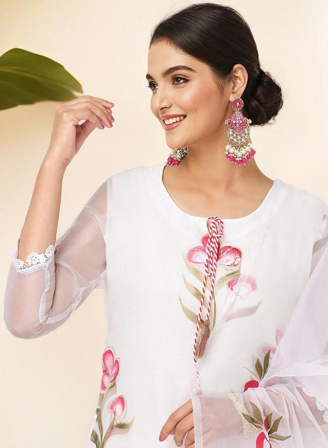 ISHIN Women's Off White Rayon Embroidered Tunic Full Length Palazzo Straight Fit Kurta Set  - Image 3