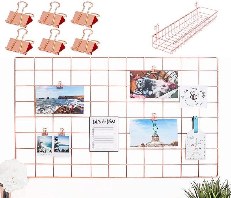 Kiwilon Rose Gold Wall Grid For Study Room With 1 Hanging Shelf And 6 Binder Tail Clips I Wall Hanging Decoration I Wall Grid Frame I Wall Decor Grid For Handing Photos I Wall Grid Panel (66 X 46 CM) - Image 1
