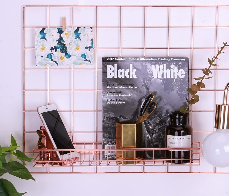 Kiwilon Rose Gold Wall Grid For Study Room With 1 Hanging Shelf And 6 Binder Tail Clips I Wall Hanging Decoration I Wall Grid Frame I Wall Decor Grid For Handing Photos I Wall Grid Panel (66 X 46 CM) - Image 4