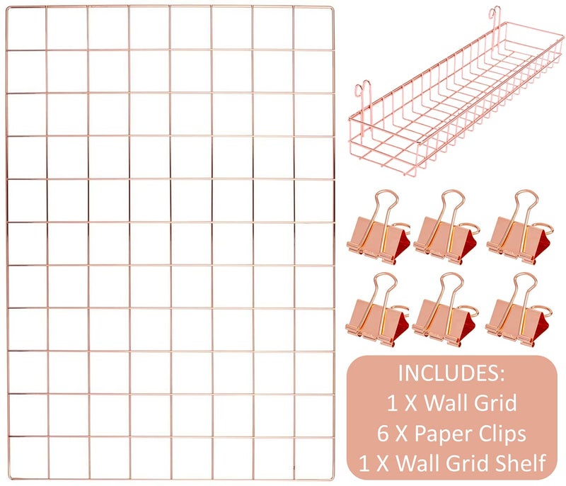 Kiwilon Rose Gold Wall Grid For Study Room With 1 Hanging Shelf And 6 Binder Tail Clips I Wall Hanging Decoration I Wall Grid Frame I Wall Decor Grid For Handing Photos I Wall Grid Panel (66 X 46 CM) - Image 2