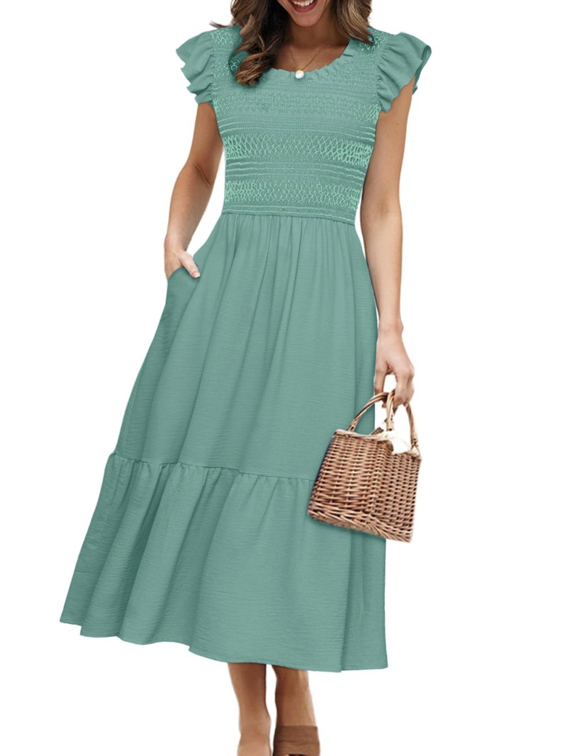 Simplee Apparel Simplee Womens Summer Midi Dress Casual Boho Smocked Waist Flutter Sleeve A Line Flowy Tiered Dress with Pockets Sage Green - Image 1