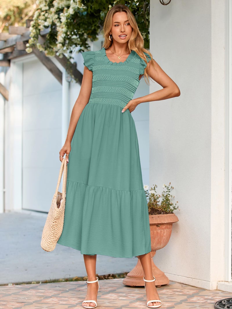 Simplee Apparel Simplee Womens Summer Midi Dress Casual Boho Smocked Waist Flutter Sleeve A Line Flowy Tiered Dress with Pockets Sage Green - Image 5