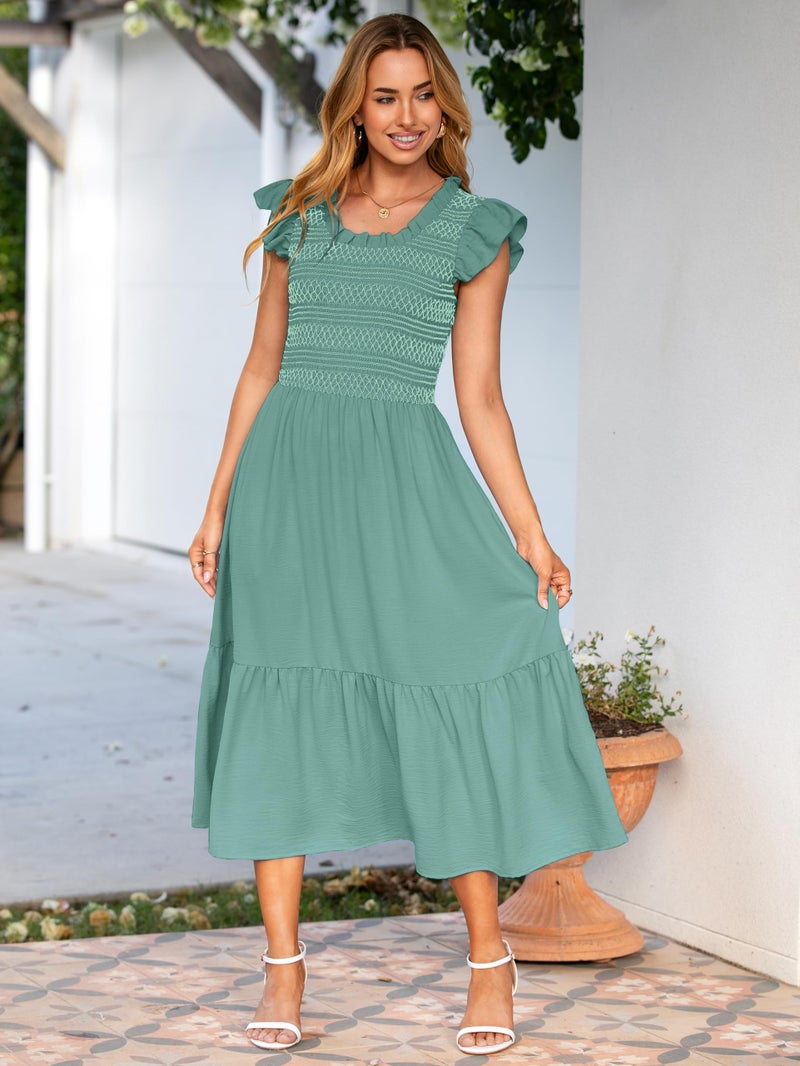 Simplee Apparel Simplee Womens Summer Midi Dress Casual Boho Smocked Waist Flutter Sleeve A Line Flowy Tiered Dress with Pockets Sage Green - Image 3