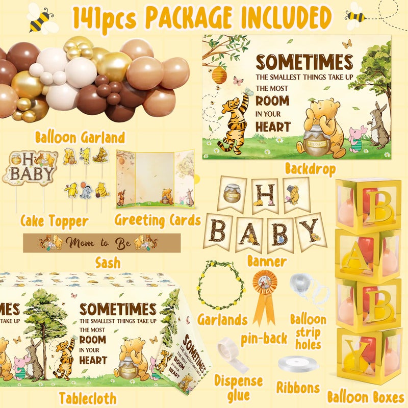 Z1juce Winnie Baby Shower Decorations Kit - 141pcs Vintage Winnie Party Supplies Decorations Oh Baby Banner Backdrop Arch Balloon Boxes Mom to Be Sash Tablecloths Cake Topper for Girl Boy Baby Shower - Image 2