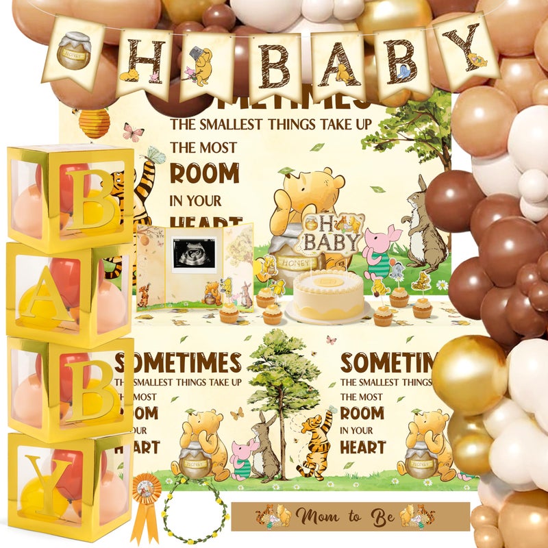 Z1juce Winnie Baby Shower Decorations Kit - 141pcs Vintage Winnie Party Supplies Decorations Oh Baby Banner Backdrop Arch Balloon Boxes Mom to Be Sash Tablecloths Cake Topper for Girl Boy Baby Shower - Image 1