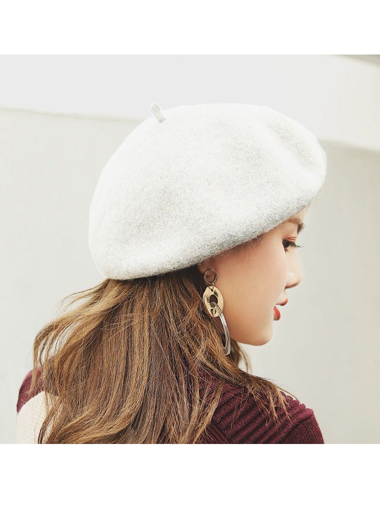 Women Wool Beret Hat French Style Artist Beanie Cap Vintage Lady Cap (White) - Image 1