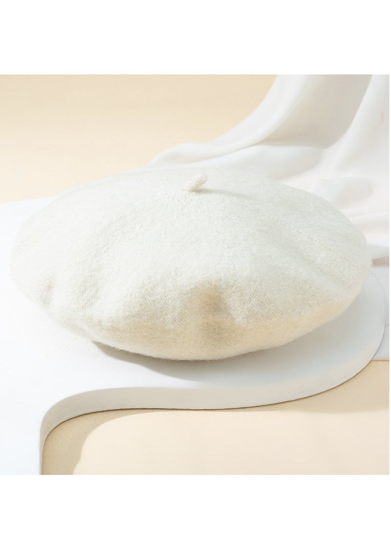 Women Wool Beret Hat French Style Artist Beanie Cap Vintage Lady Cap (White) - Image 4