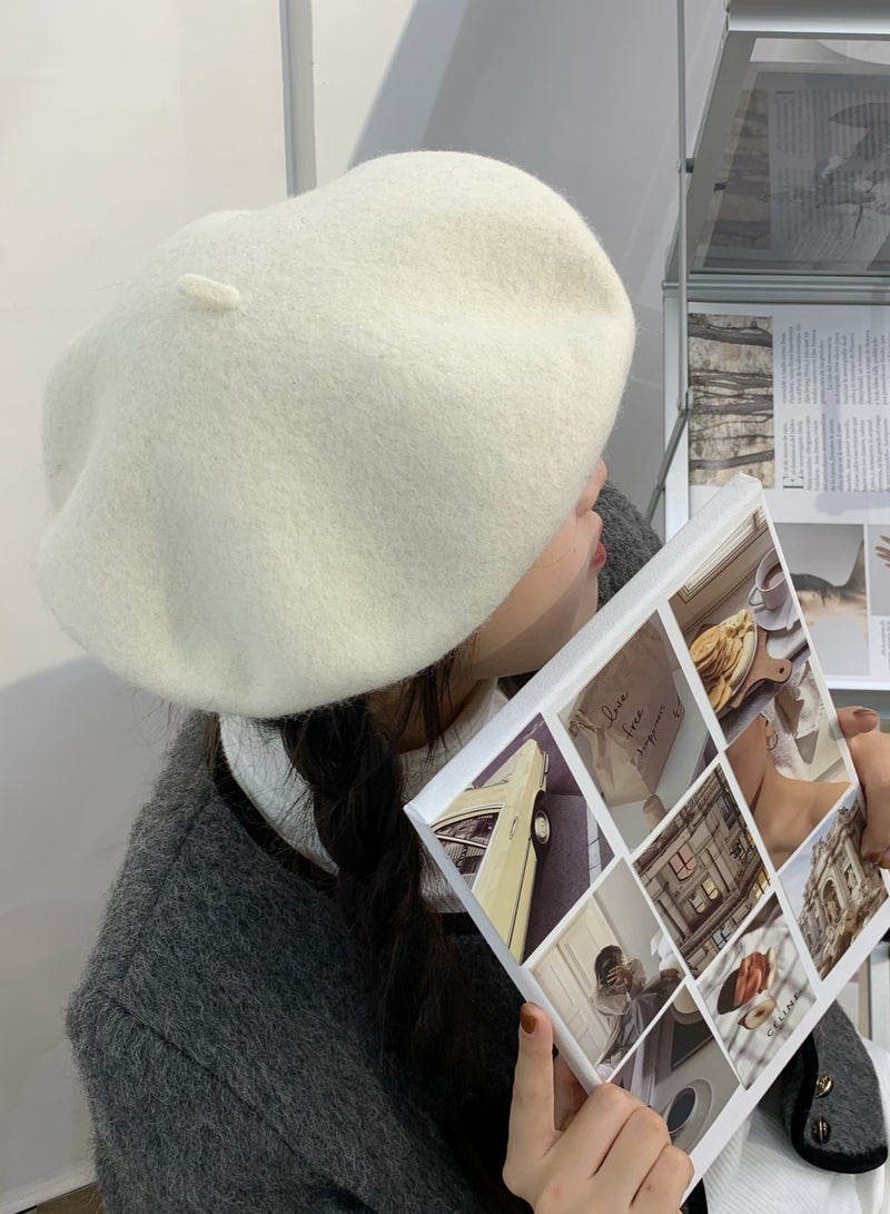 Women Wool Beret Hat French Style Artist Beanie Cap Vintage Lady Cap (White) - Image 5