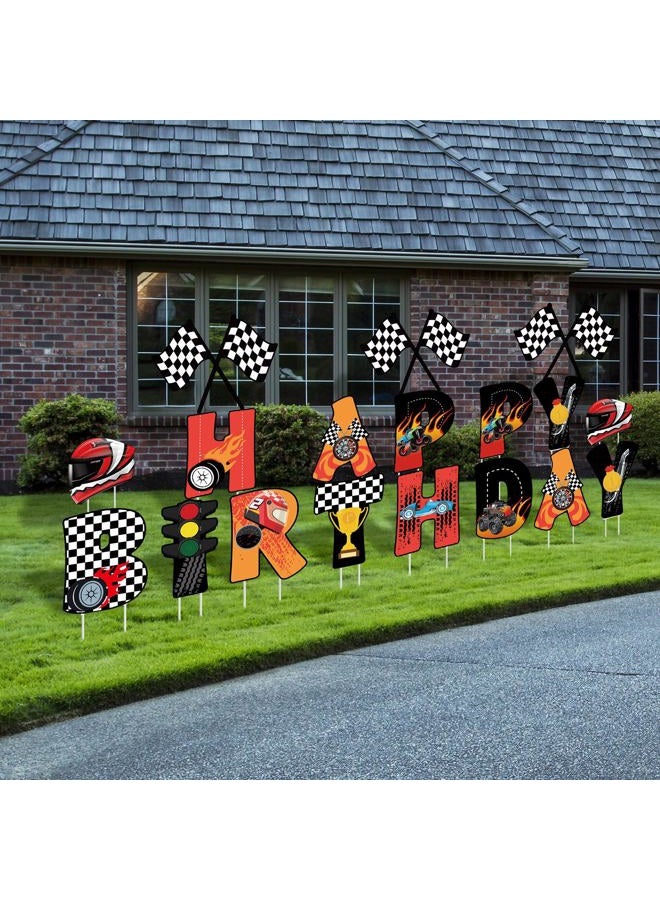 Memorywuu 18 Pcs Race Car Happy Birthday Yard Signs with Stakes, 16 Inches Birthday Party Decorations for Boys Girls, Colorful Outdoor Lawn Signs Decorations for Birthday Party - Image 1