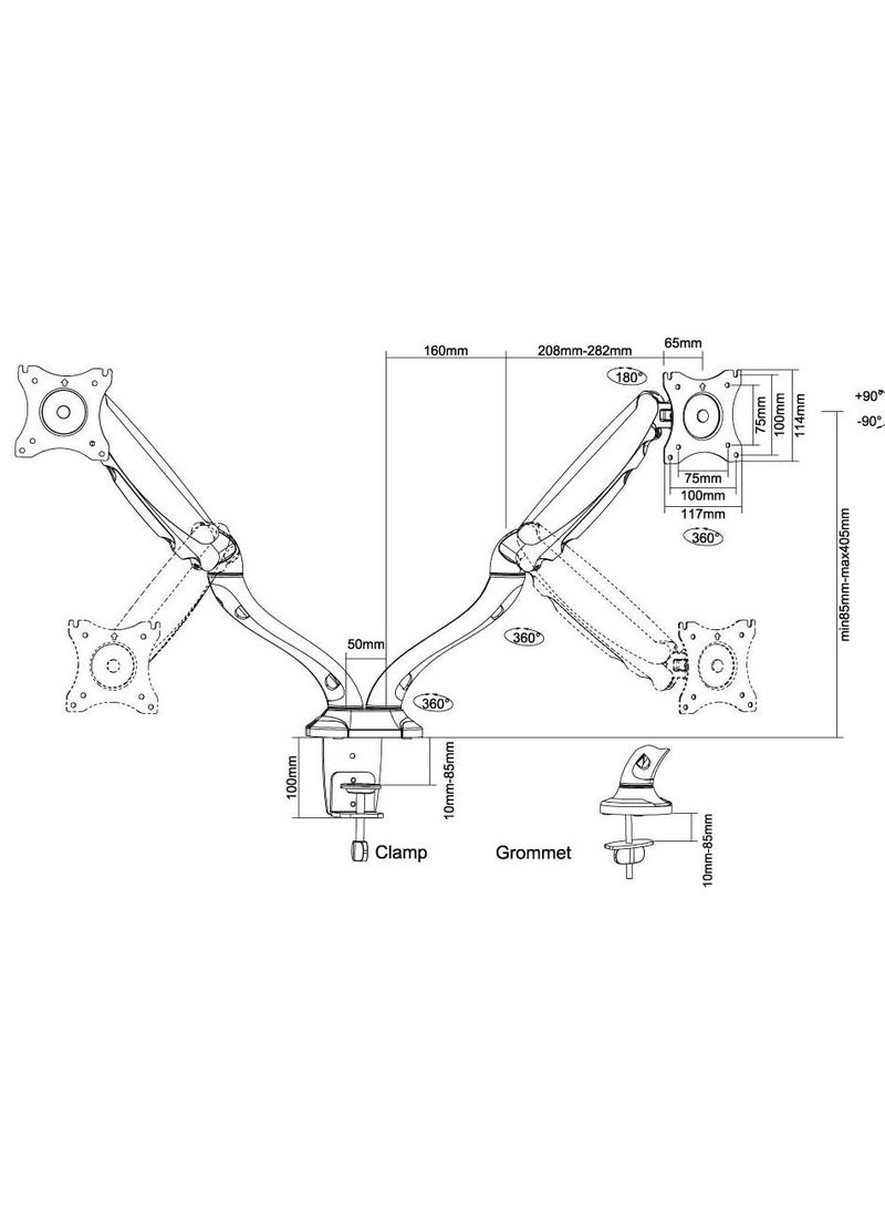 Full Motion Dual Desk Mount (clamp & grommet) for two 10-27" Monitor Screens, Height Adjustable (gas spring) - Image 4