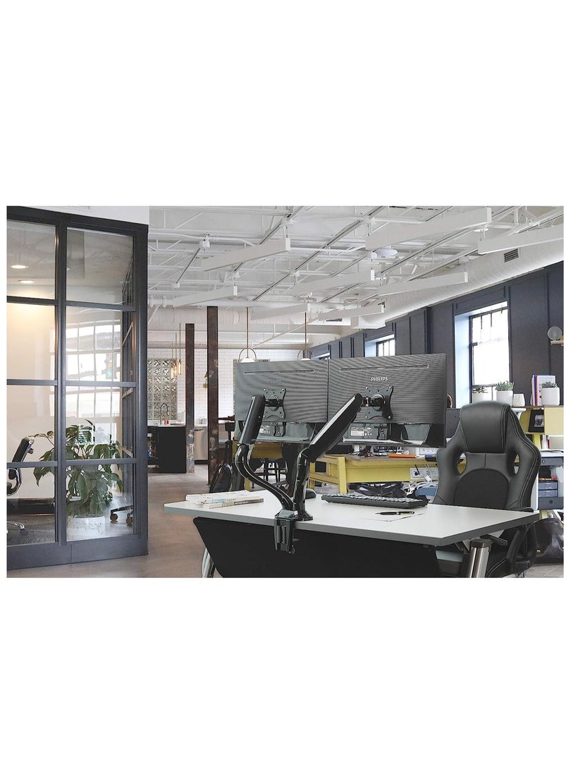 Full Motion Dual Desk Mount (clamp & grommet) for two 10-27" Monitor Screens, Height Adjustable (gas spring) - Image 3