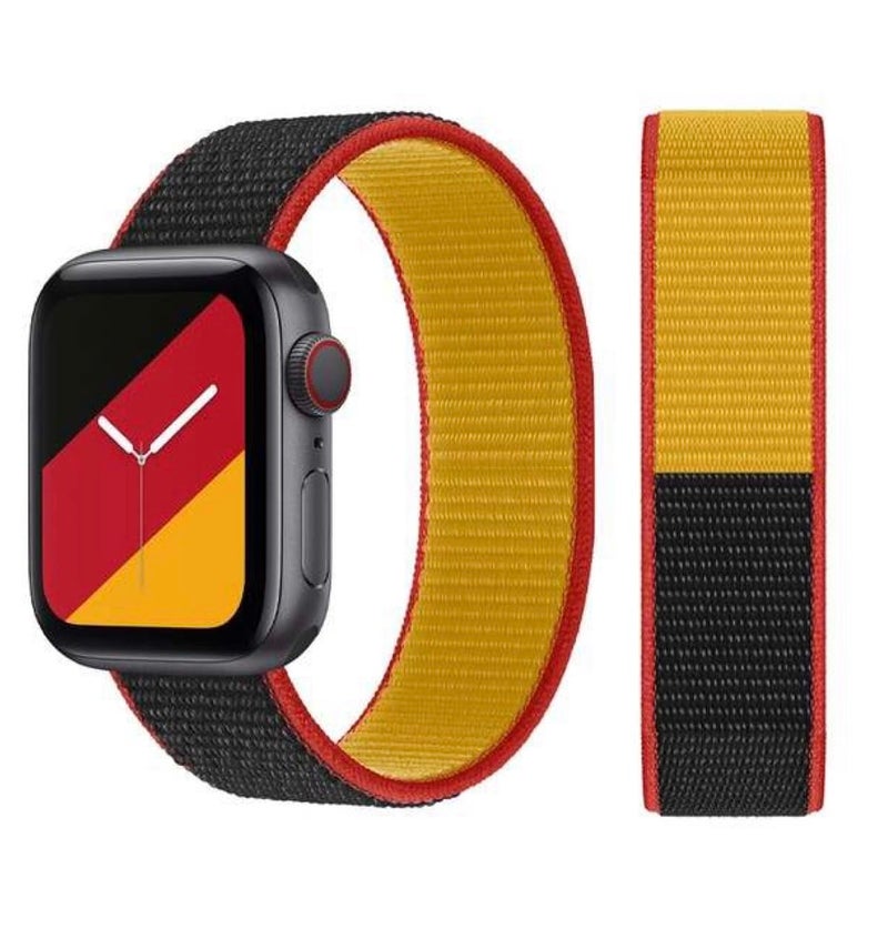 GLAMROOT Nylon Sports Replacement Band 38–45mm Compatible with Apple Watch SE/7/6/5/4/3/2/1 – Red/Black/Gold - Image 1