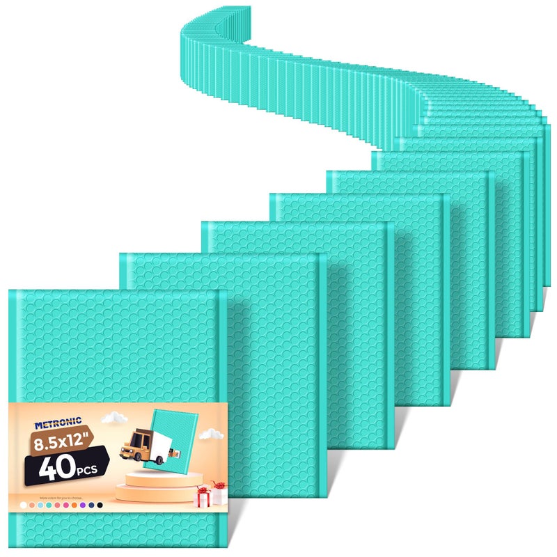 مترونيك METRONIC Bubble Mailers 8.5 × 11 بوصة 40 حزمة أزرق مخضر مقاوم للماء فقاعات بريدية مبطنة مغلفات مبطنة من البوليستر لملابس الهدايا وكتب الماكياج ومستلزمات الأعمال الصغيرة - Image 1