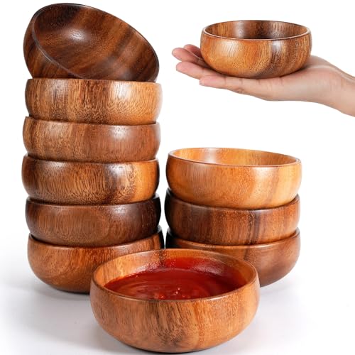 Skylety 10 Pcs Acacia Wooden Bowls Small Calabash Bowls Round Wood Salad Hand Carved Calabash Dip Tray for Serving Popcorn Pasta Coconut Nuts Sauce Appetizers Home Kitchen (4 Inch) - Image 1